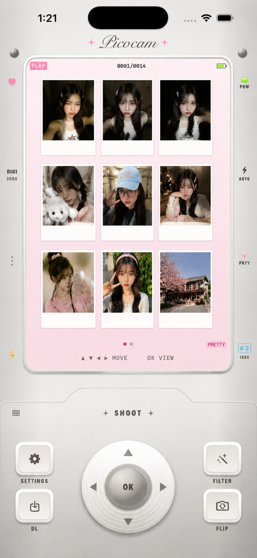 Pixie+ のギャラリー画面。撮った写真がポラロイド風にグリッドで並ぶ